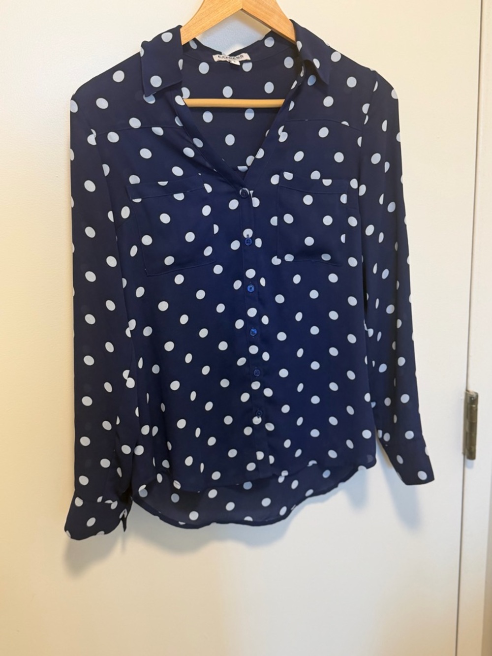 EXPRESS Navy Polka Dot Button-Up Blouse - White Dot Long Sleeve size SMALL S